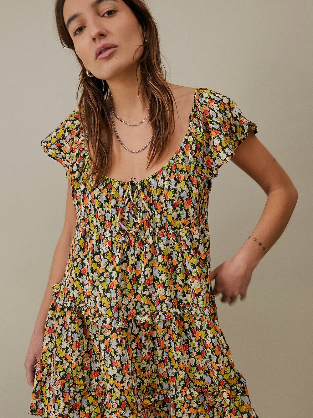 Urban Outfitters Floral Tiered Mini Dress - Yellow Multi